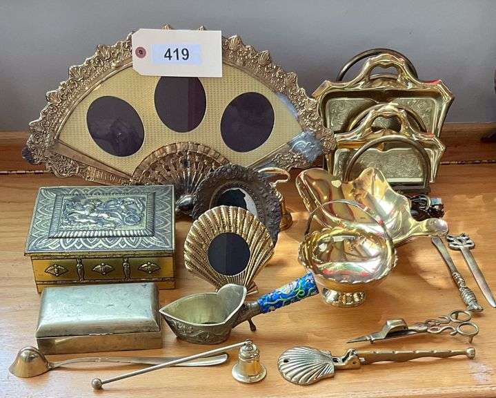 Brass Assortment Includes Fan Frame, Silent Butler Trays, Covered Boxes, & More image