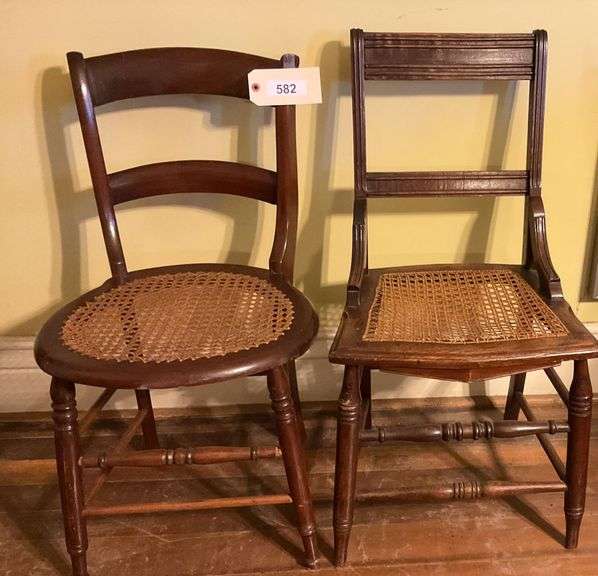 Two Antique Wooden Chairs With Cane Seats image