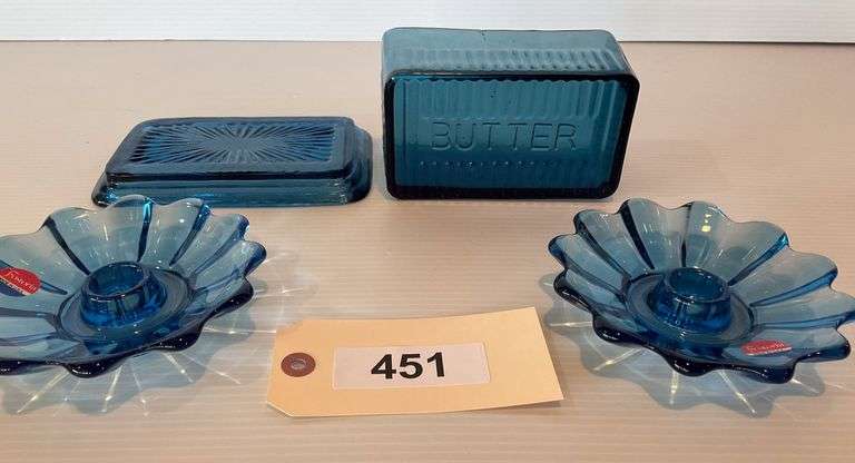 Vintage Blue Glass Butter Dish c.1930, Possible Manufacturer Hazel-Atlas Glass Company  And 2 Fostoria Candle Holders image