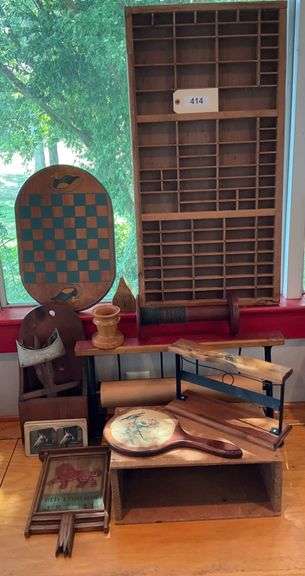 Wooden Assortment Includes Wall Mounted Trinket Display, Vintage Printer's Letter Tray, Paper Cutter, Vintage View Master, & More image
