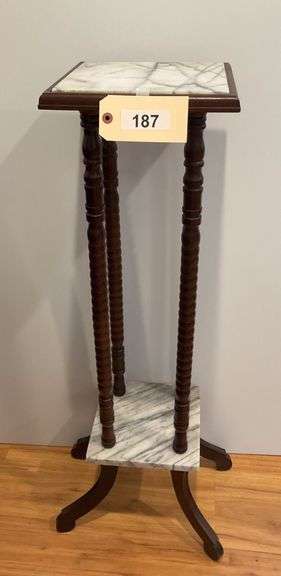 Wood And Marble Pedestal Table, 14.5"X14.5"X30" image
