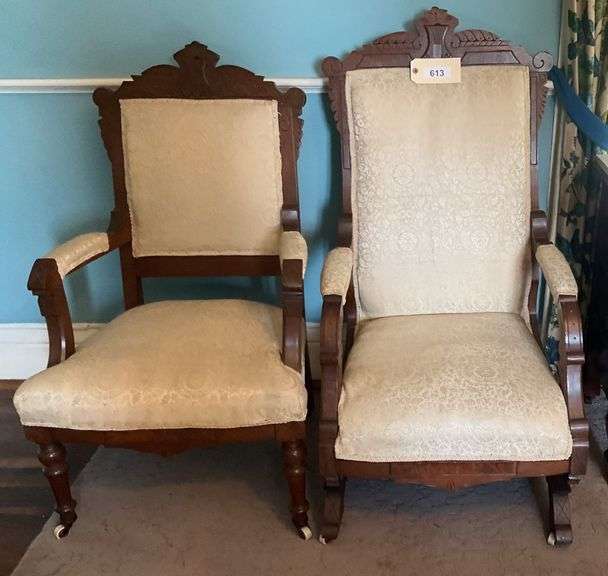 Antique Upholstered Rocker And Arm Chair image