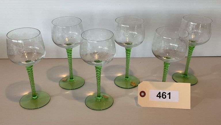 Six Etched Crystal Green Stemmed Goblets image