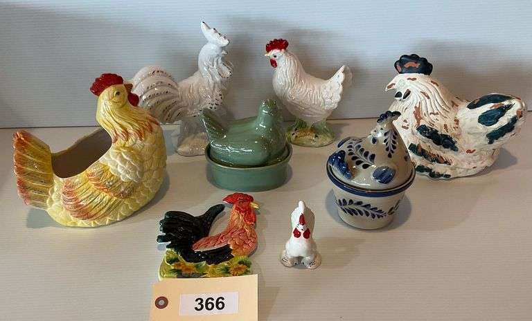 Ceramic Rooster Figurines, Planter, And Hens image