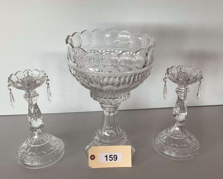 Large Crystal Pedestal Bowl, 14"X9", Pair Of 10 Inch Crystal Candlesticks image