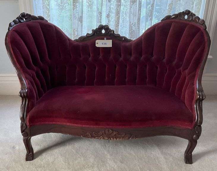 Small Antique Velvet Victorian Settee, 54"X34"X26" image