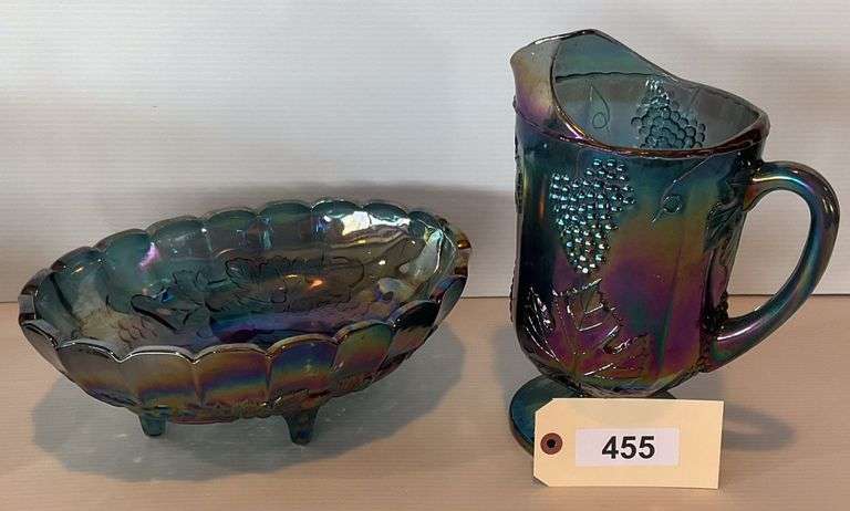 Harvest Grape Carnival Glass Footed Bowl And Pitcher image