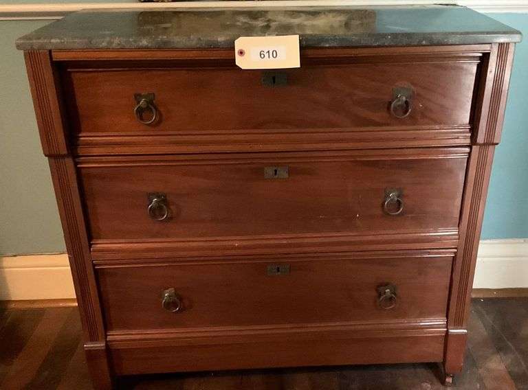 Vintage Marble Top Wooden Chest On Rollers, 37"X18"X35" image