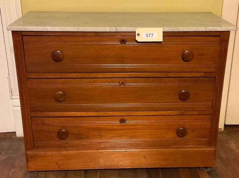 Vintage Wooden Chest With Marble Top On Rollers, 40"X17"X31" image