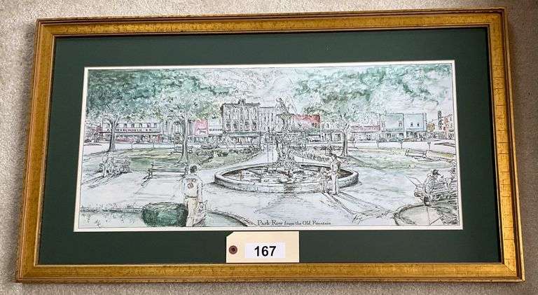Framed And Matted Watercolor Print 'Park Row From The Old Fountain' By Kay Smith, 32"X18" image