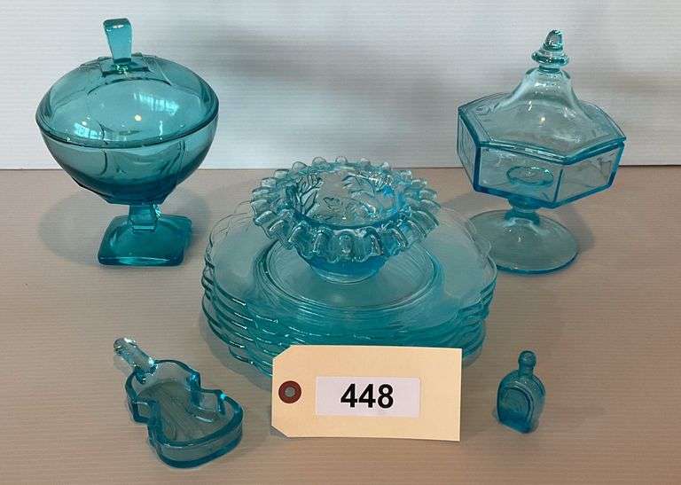 6 Light Blue Glass Salad Plates, 2 Covered Footed Bowls, Open Bowl & More image