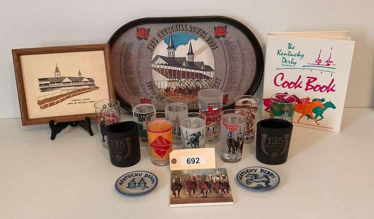 100th Kentucky Derby Tray, Framed Needlepoint of Churchill Downs, Kentucky Derby Cookbook, Kentucky Derby Glass Tumblers, 26 Not Shown image