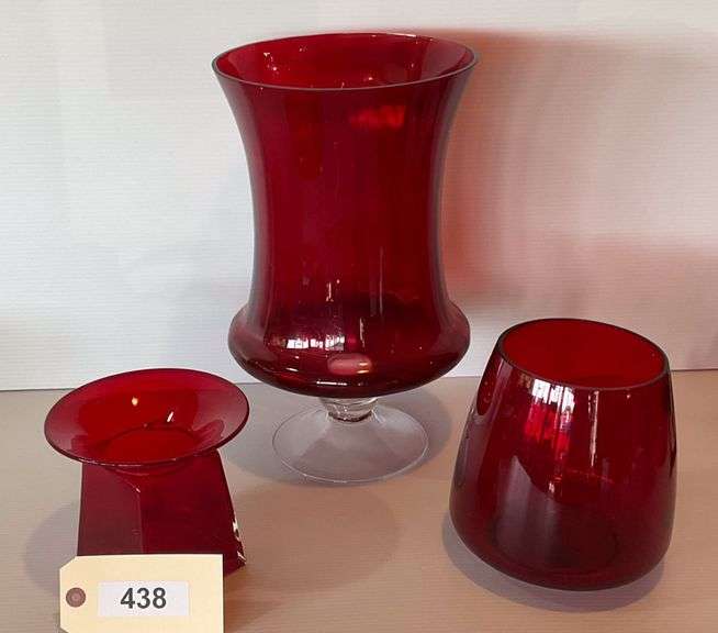 Red Glass Tall Vase, 15", Medium Vase, 8" And Smaller Vase image