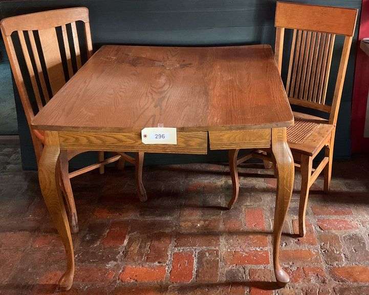 Wooden Table, 42"X32"X30" With Two Cane Seat Chairs, Table Has Stain And Needs Repair image