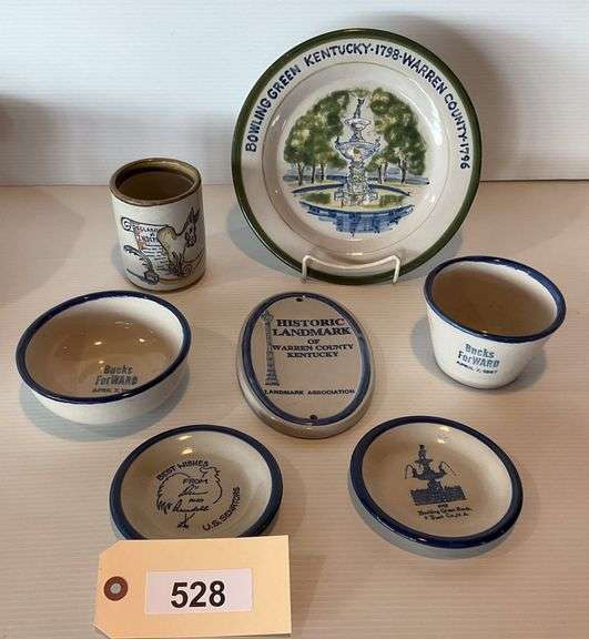 Louisville Stoneware Fountain Square Bicentennial Plate, 2 'Bucks Forward' Bowls, Lamp Post Plaque, & More image