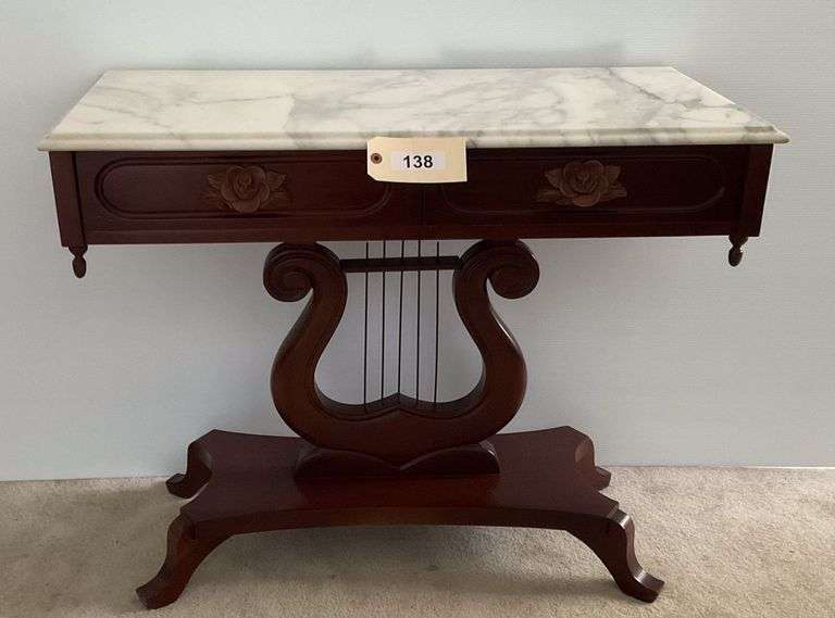 Antique Wooden Marble Top Harp Design Table, 36"X18"X29" image