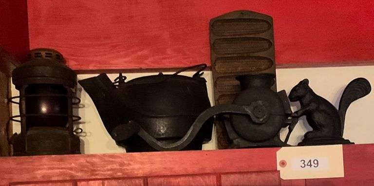 Four Pieces Of Cast Iron, And Vintage Lantern image