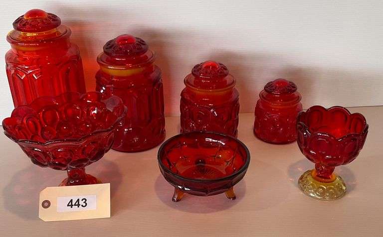 Orange Glass Canister Set, 2 Compotes, Footed Bowl image