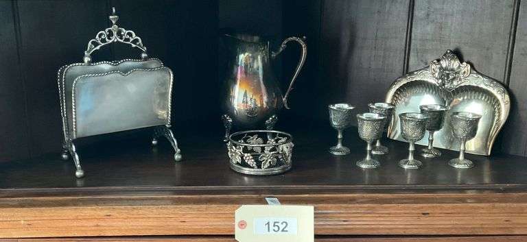 Silverplate Pitcher, Napkin Holder, Wine Coaster, Cordial Stems, Silent Butler Tray image