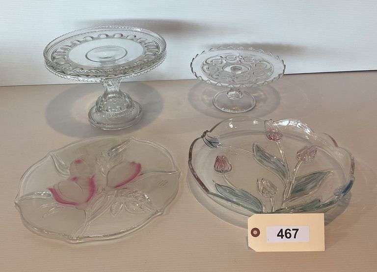 Floral Glass Platters, 13" & 12", Pedestal Cake Plate, Pedestal SnackTray image