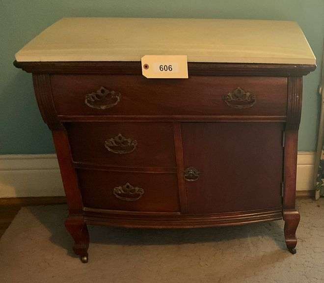 Antique Wooden Washstand With Marble Top, 30"X17"X30" image