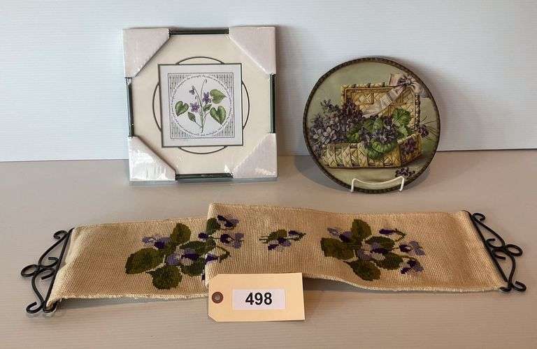 Violet Motif Wall Hangings, 3 Pieces, Needle Point, Framed Glass Plate, Framed And Matted Print By John Donne image