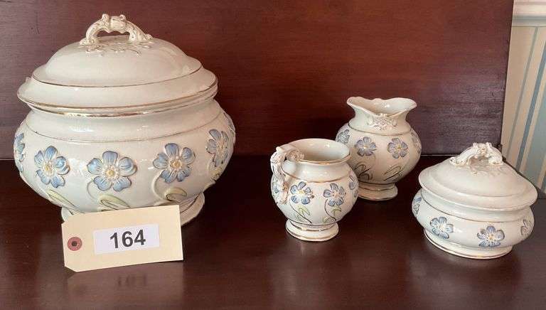 Beautiful Embossed Floral China Casserole (Handle Is Broken), Sugar, Creamer And Vase image