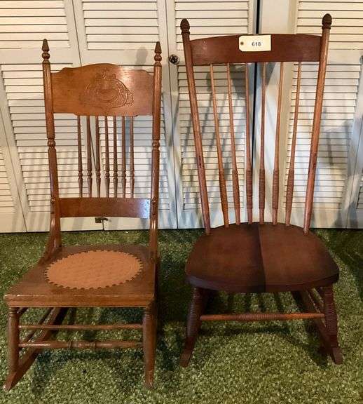 Two Wooden Rockers, Small Rocker Has Leather Seat image