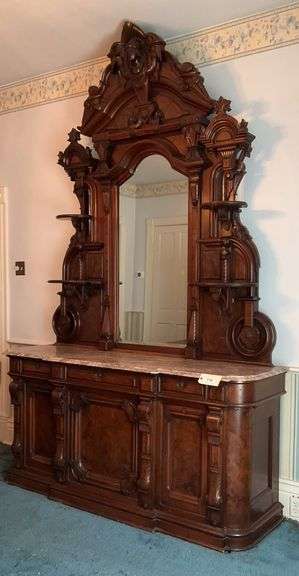 Beautiful Massive Antique Walnut Sideboard With Mirror And Marble Top, 116"X76"X36" image