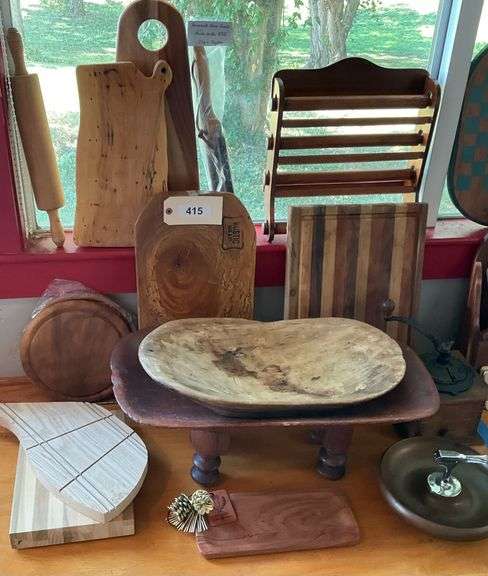 "ONE PIECE HAS BEEN PULLED" Wooden Food Prep Items, Includes Dough Bowls, Cutting Boards, Bow Knife, Mounted Foil/Wrap Cutter, Coffee Grinder, & More image