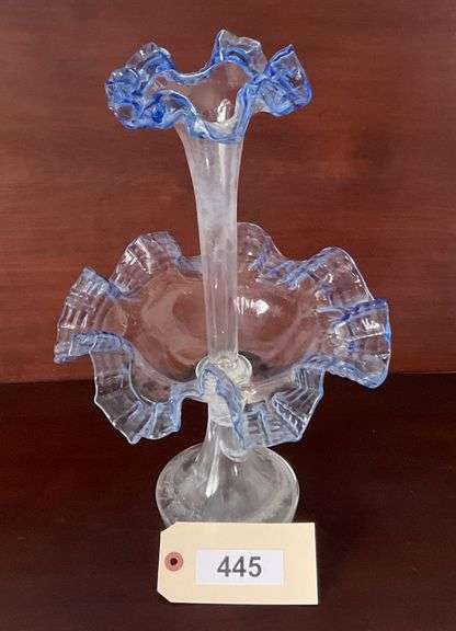 Victorian Epergne Blue Vaseline Glass Art By Fenton image