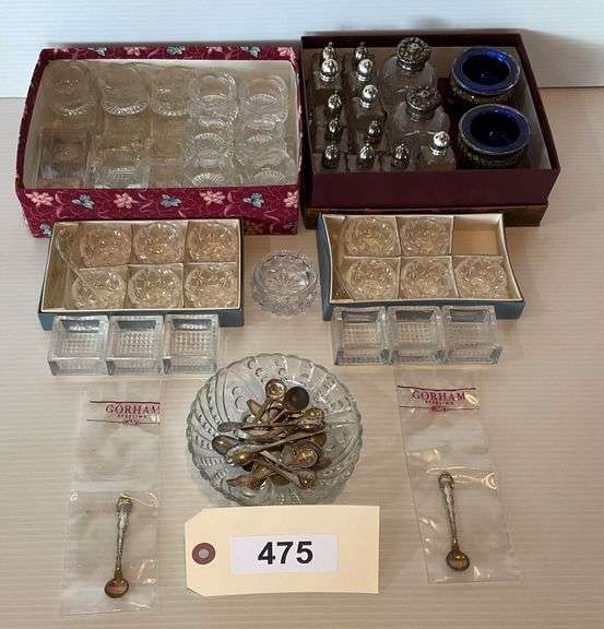 Large Collection Of Glass Salt Cellars, Spoons Includes 2 Gorham Sterling Silver Spoons, Crystal Salt/Pepper Shakers image