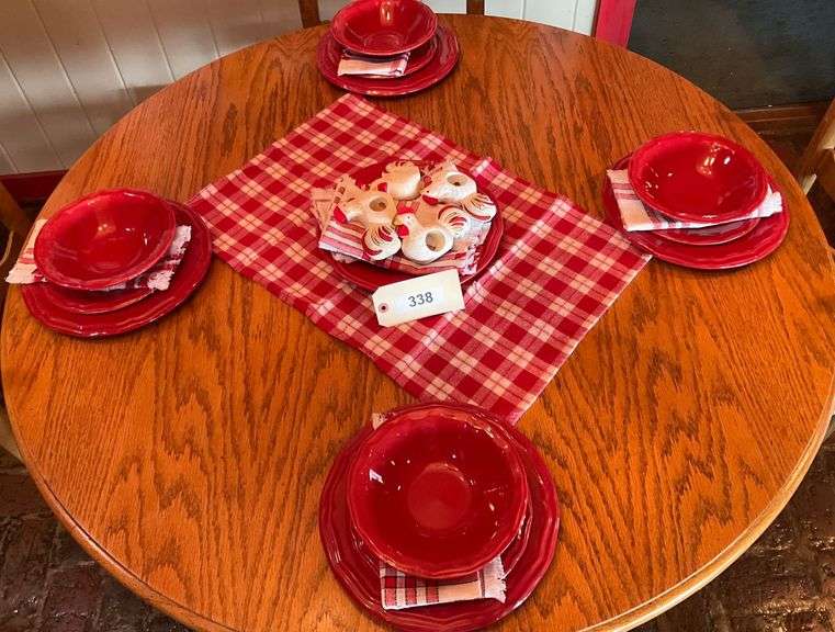 Red Stoneware Service For 4, Napkins, And Napkin Rings image