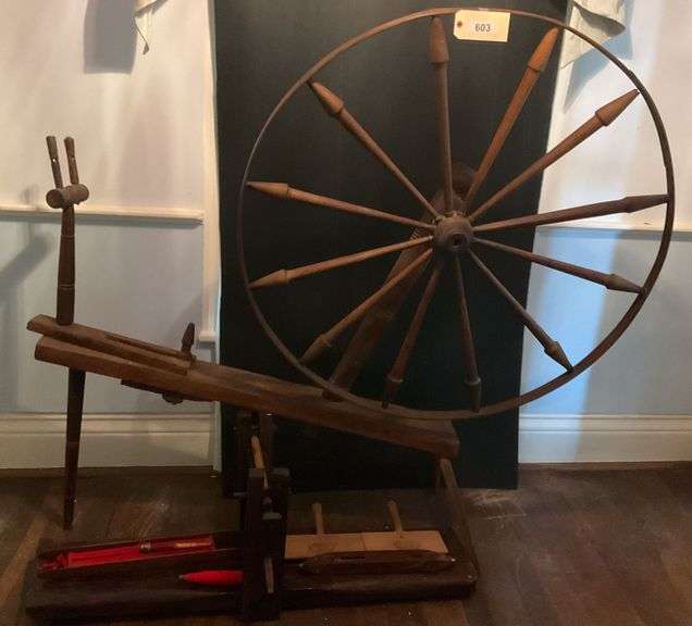 Antique Spinning Wheel And Accessories, 43" Diameter image