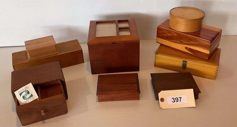 Nine Wooden Boxes Includes Pull Out Box Cherry On Mahogany image