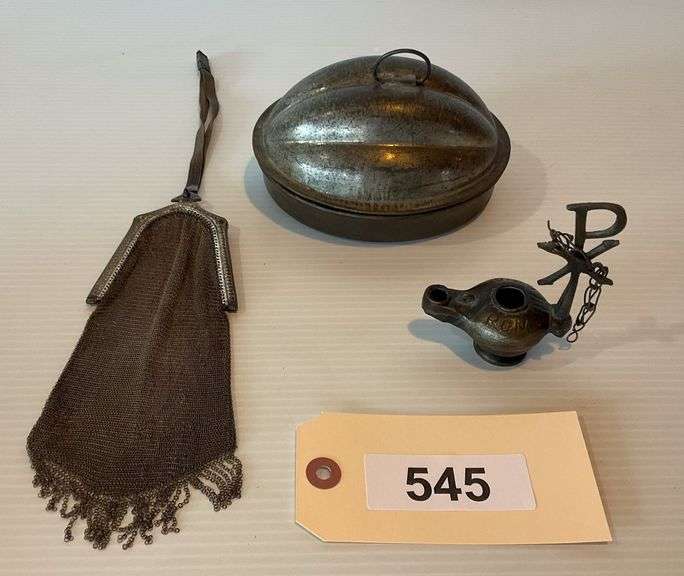 Antique Plum Pudding Mold, Flapper Purse And Miniature Vintage Greek Chi Rho Symbol Oil Lamp image
