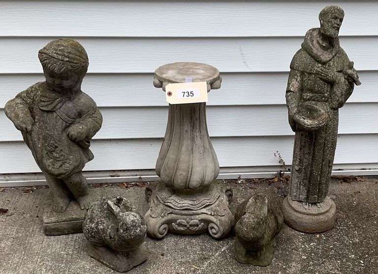 Concrete Yard Art - Girl In Dress, Rabbits, Bird Bath Pedestal, St. Francis (Head Has Been Reattached) image