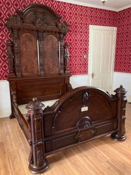 Full Size Walnut Victorian Bed With Queen Ann's Head Carved Into Footboard. Bed Can Be Converted To Queen Size. Head Board 108"X68" image