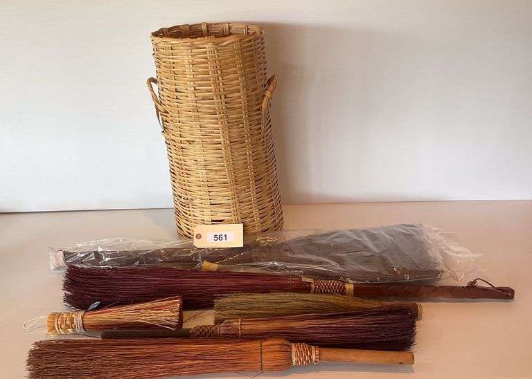 Straw Brooms , 6 Small To Large, With Bamboo Stand image