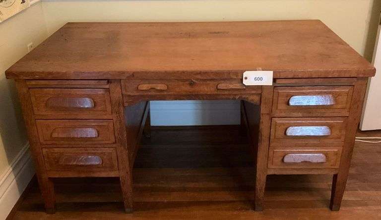 Vintage Oak Wooden Desk, 60"X34"X23", Top Has Stains image