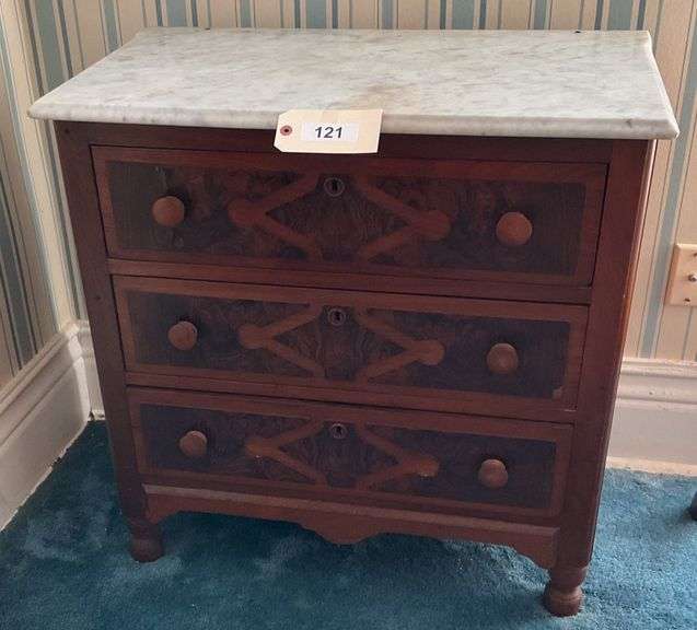 Antique Wooden Washstand With Marble Top, 30"X17"X30" image