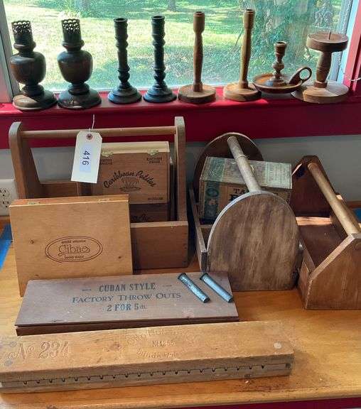 '2 GLASS CHIMNEYS HAVE BEEN PULLED' Unique Product Boxes, Vintage Cigar Press, Carriers, Candlesticks, & More image