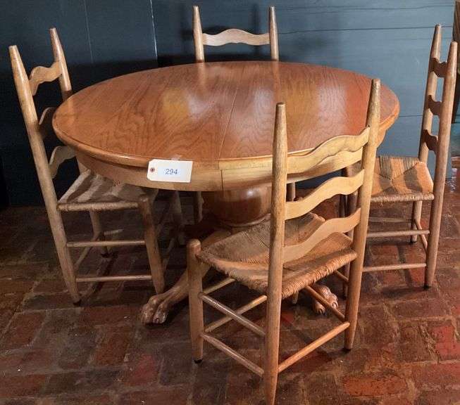Round Oak Table With Claw Feet, 48" With Leaf And Four Wooden Chairs With Rush Seats, Table Has Blemish image