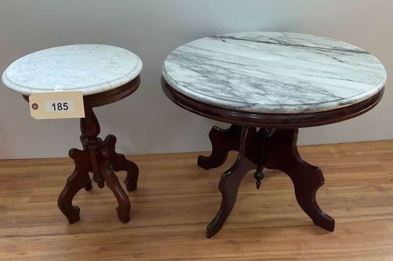 Two Round Wooden Marble Top Tables, 14"X19", 23"X19" image