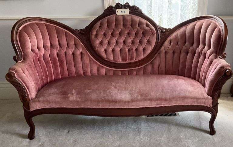 Velvet Upholstered Victorian Rose Carved Sofa, 70"X30"X41" image