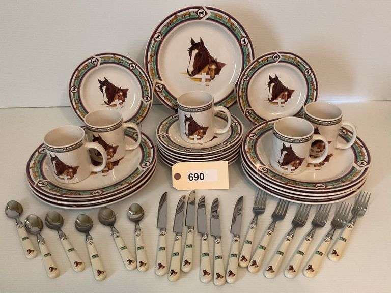Horse Design Stoneware With Matching Flatware, Not Shown 27 Pieces Of Flatware, And 3 Mugs, 1 Chipped image