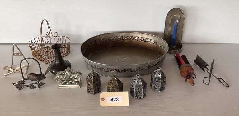 Metal Assortment Includes Napkin Holders, Small Lanterns, 2 Candle Holders, Antique Curling Iron & More image