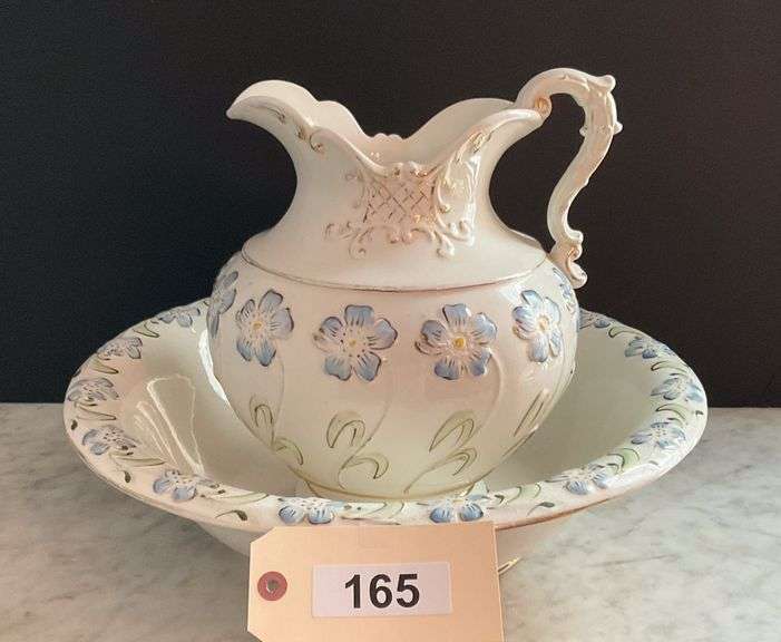 Beautiful Embossed Floral China Pitcher and Wash Bowl image