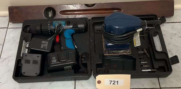 Hand Tools - Power Glide Cordless Drill, Sheet Sander, And Vintage Wooden Level image