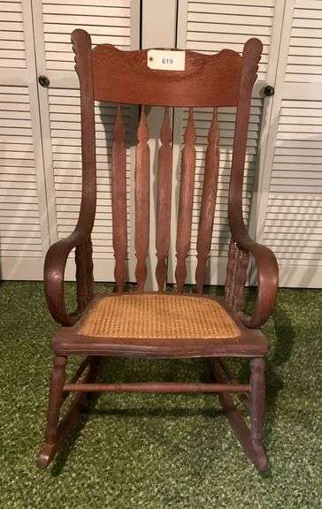 Large Antique Wooden Rocker With Cane Seat image